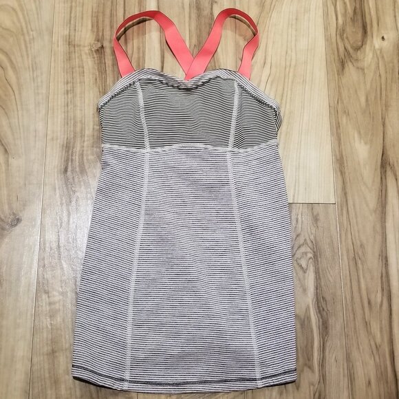 Lululemon Run Catch Me Tank Top 2 Womens Black Beige Stripes Adj Neon Straps - Picture 4 of 11